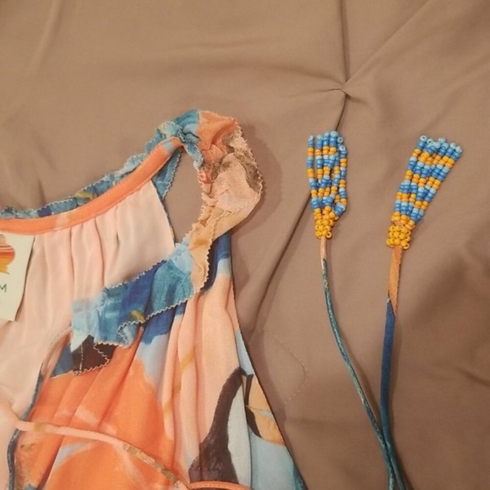 FARM Rio Brazil Orange Peach Blue Beaded Tassel Toucan Mini Dress Tropical, M - Picture 10 of 14